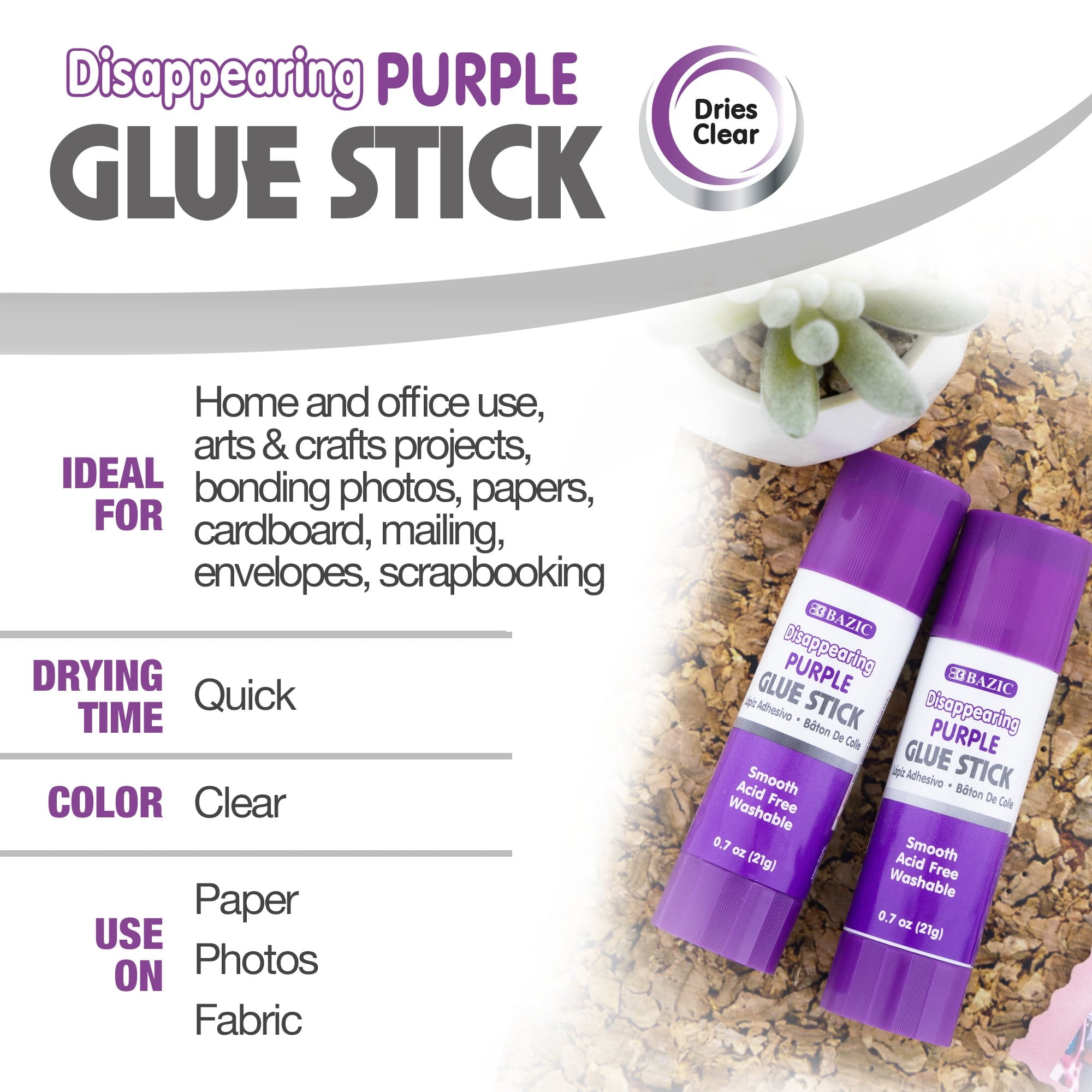BAZIC Washable Disappearing Purple Glue Stick 21g, Acid Free (2/Pack), 1-Pack