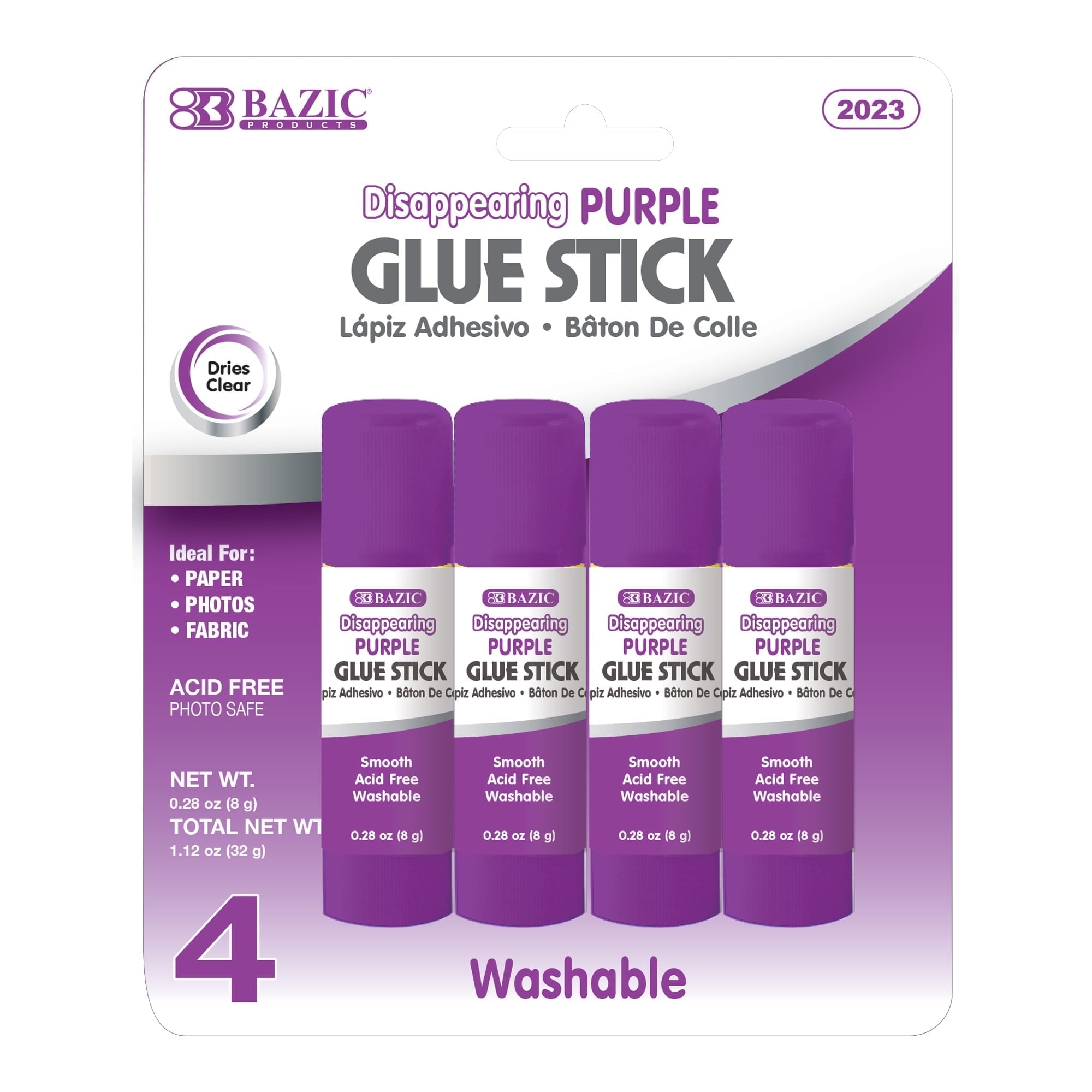 BAZIC Washable Disappearing Purple Glue Stick 8g, Acid Free (4/Pack), 1-Pack